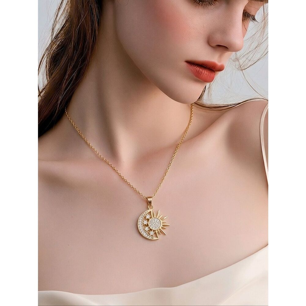 Gold Sun and Moon Crystal Pave Pendant Necklace Dainty Celestial Cosmic Jewelry